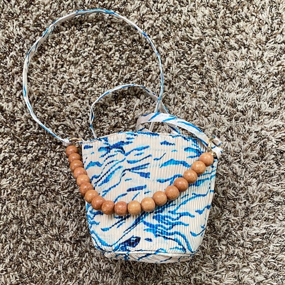 Cost Plus World Market Blue and Cream Mini Bag with Wooden Beads - Picture 1 of 5